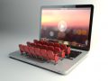 Video player app  or home cinema concept. Laptop and rows of cinema seats, 3d illustration